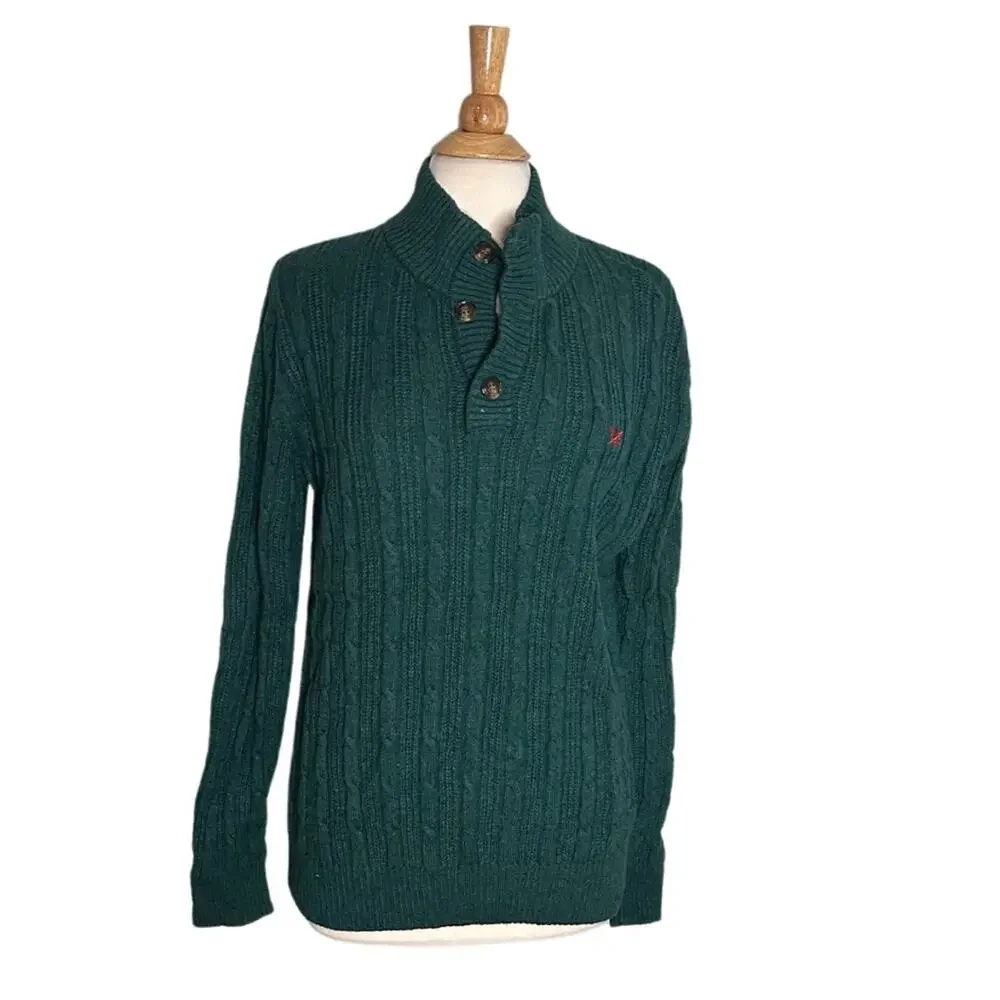 Crew Clothing Company Lambswool Blend Pullover Green Quarter Button Up Sweater